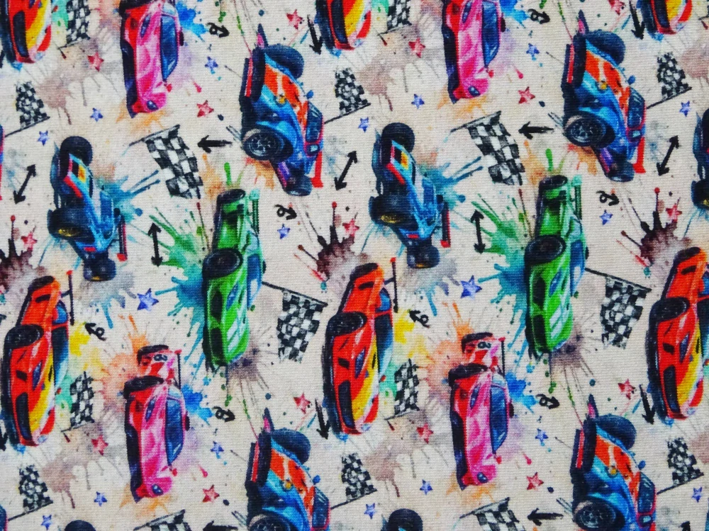 Teplákovina béžová "autá" - digitálna tlač 