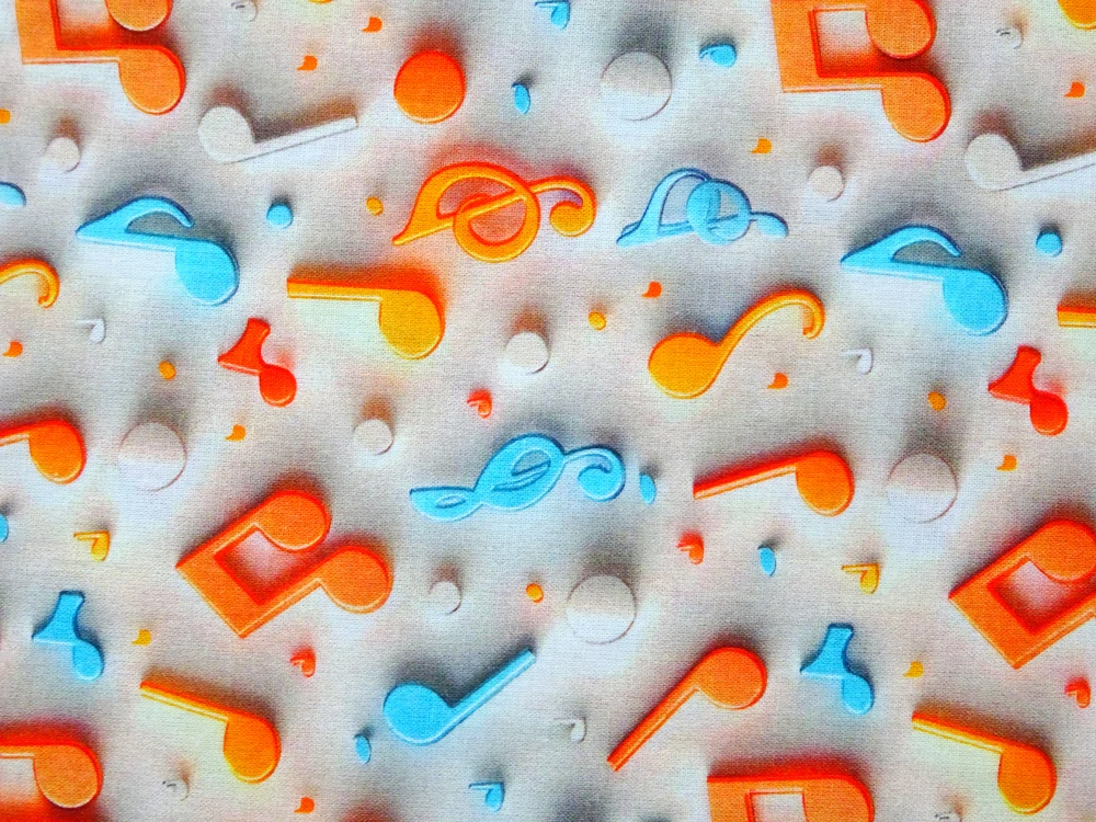 Bavlna maslovo-sivá "noty" - 3D 