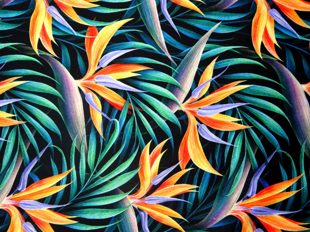 Satén čierny "farebné listy" - potlač na Slovensku 