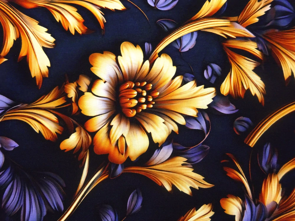 Šatovka s viskózou modro-čierna "kvety, listy" 