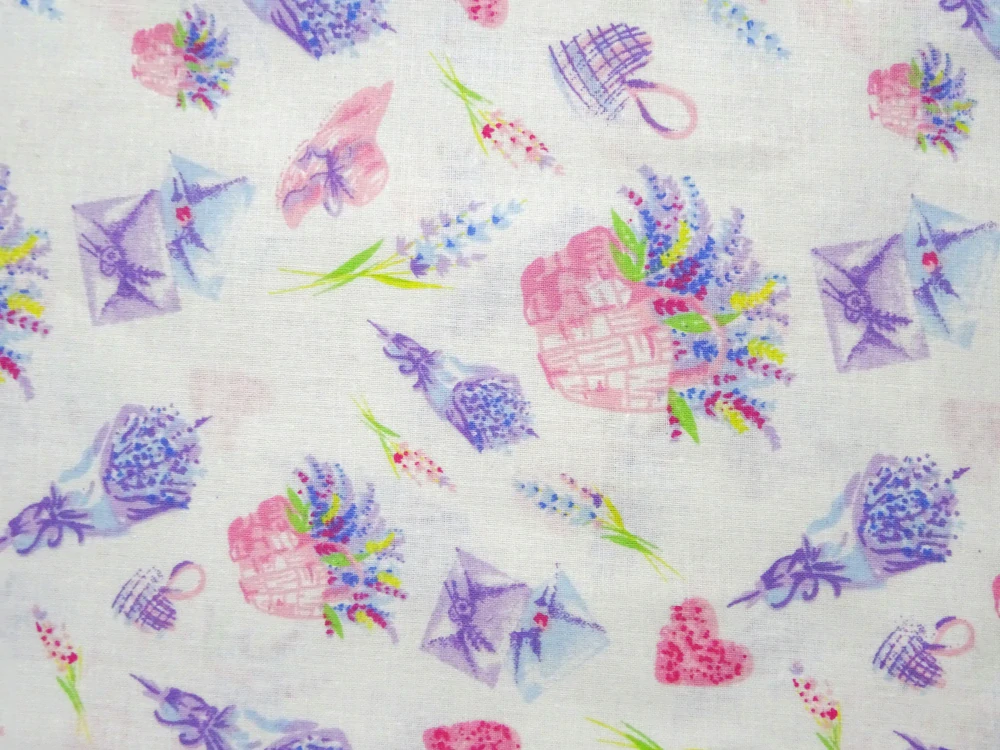 Bavlna biela "levanduľa, srdiečko" 