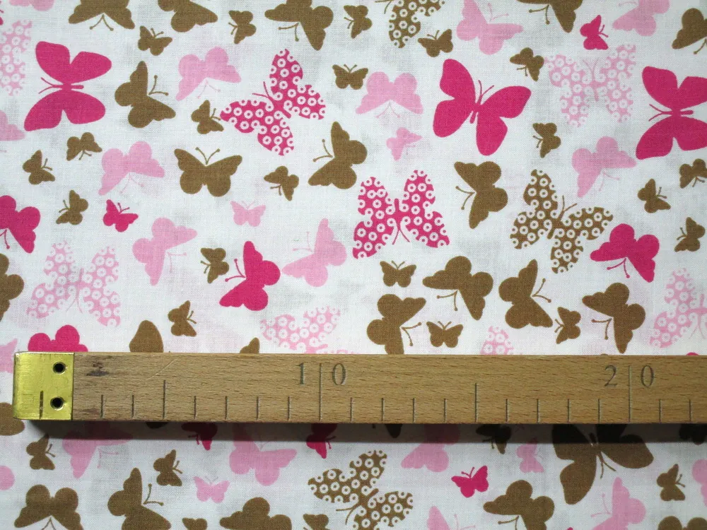 Bavlna biela "ružový a hnedý motýľ"