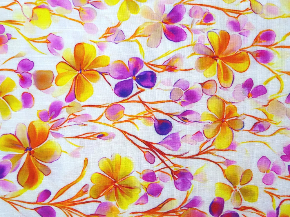 Šatovka prírodná biela "žlté a ružovo-fialové kvety" 