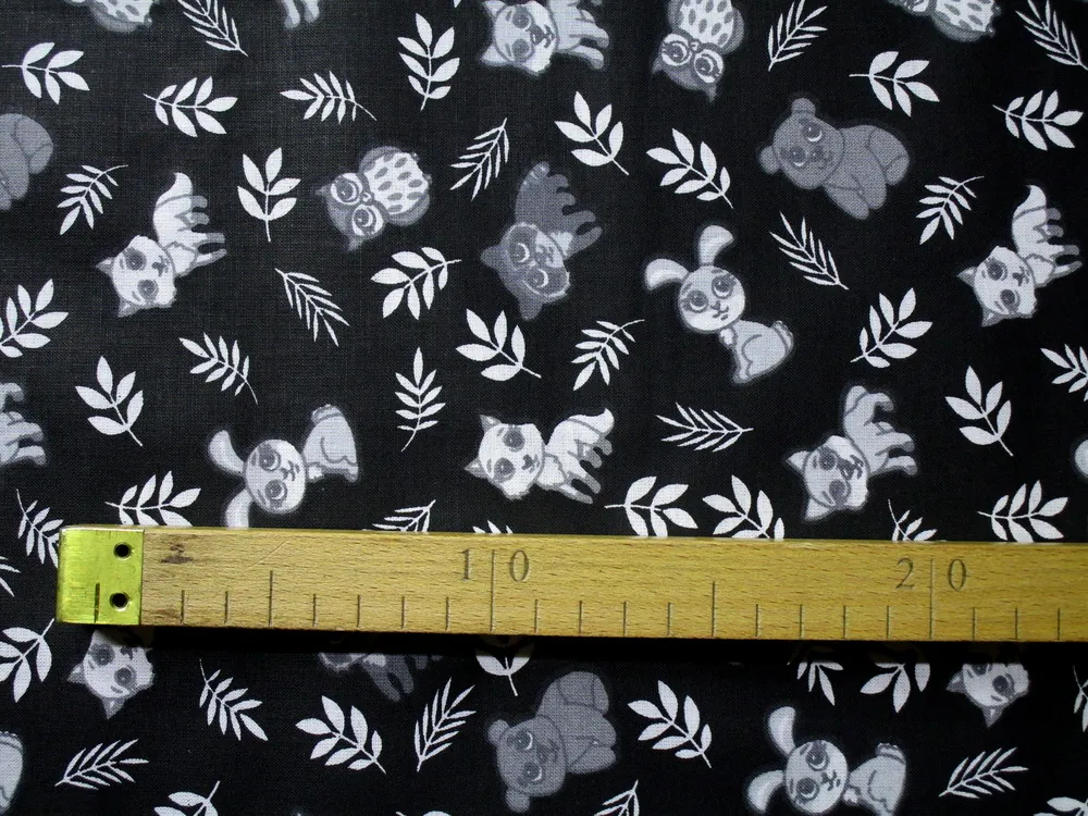 Bavlna čierna "bielo-sivé zvieratká"