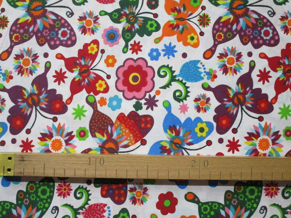 Bavlna biela "farebný motýľ a kvet"