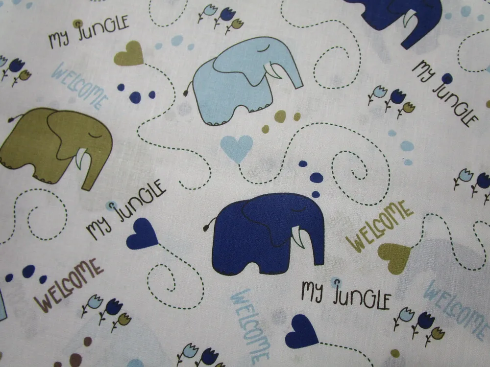 Bavlna biela "modrý a olivový sloník" 