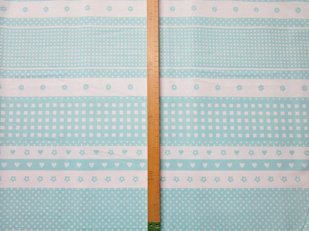 Bavlna bielo-mintová "srdiečko, kvety"