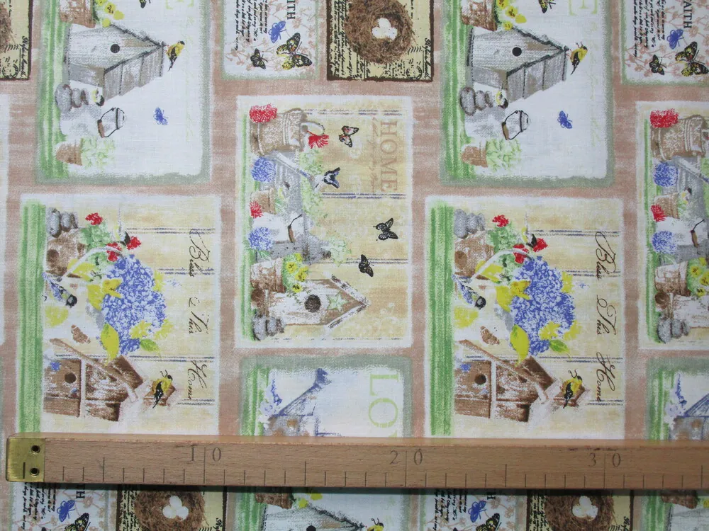 Bavlna bielo-béžová "vtáčia búdka, kvetináče"