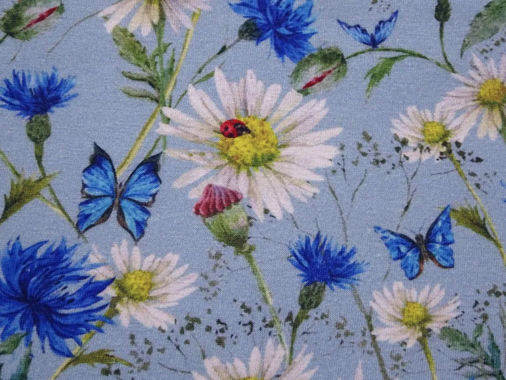 Úplet modrý "kvety, motýľ" - digitálna tlač - zbytok