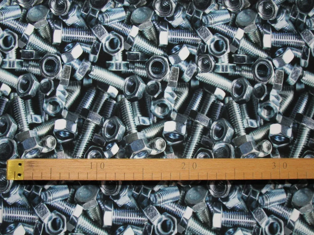 Teplákovina čierna "3D sivo-modré skrutky a matice"