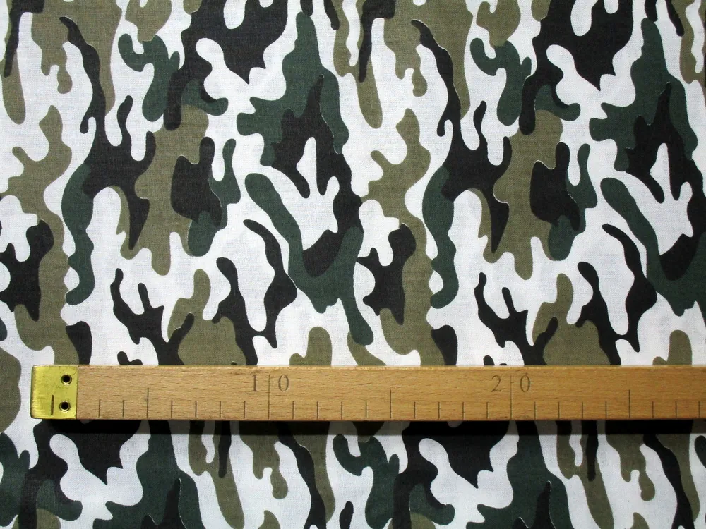 Bavlna biela "béžovo-zeleno-čierny maskáč"