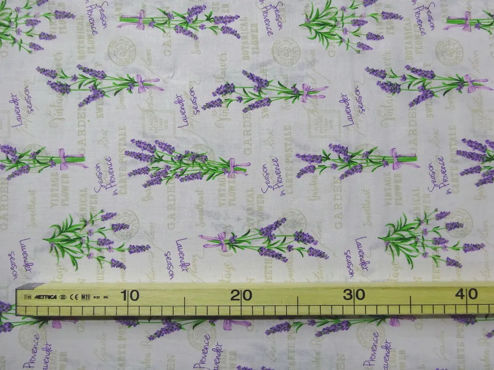 Bavlna smotanová "levanduľa, nápisy" 