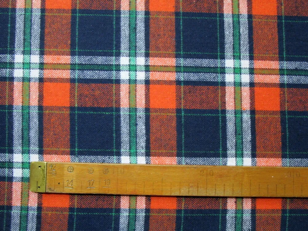 Flanel pomarančovo-tmavomodrý "bielo-zelené káro"