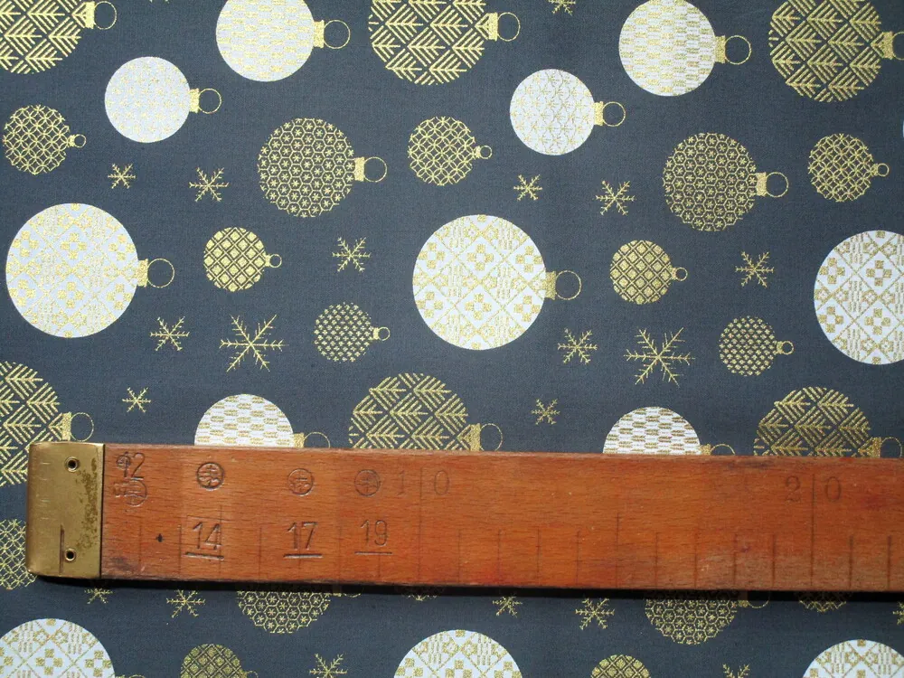 Bavlna tmavosivá "bielo-zlaté vianočné gule"