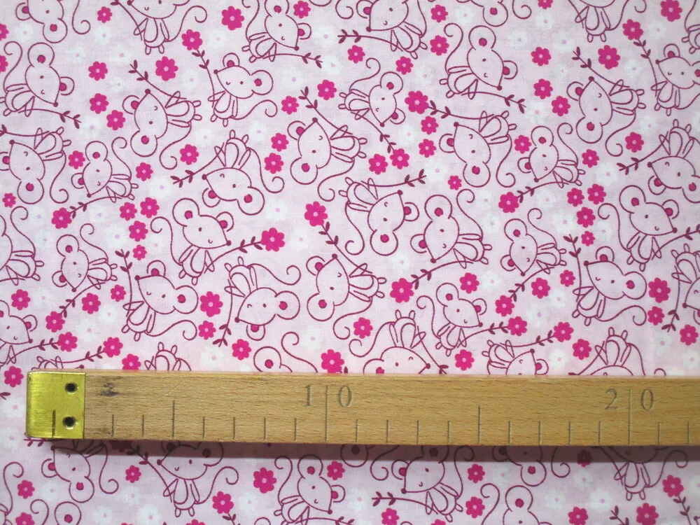 Bavlna ružová "myška, kvety" 