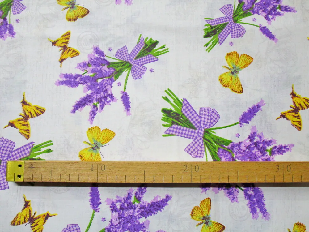 Bavlna biela "levanduľa, motýľ" 