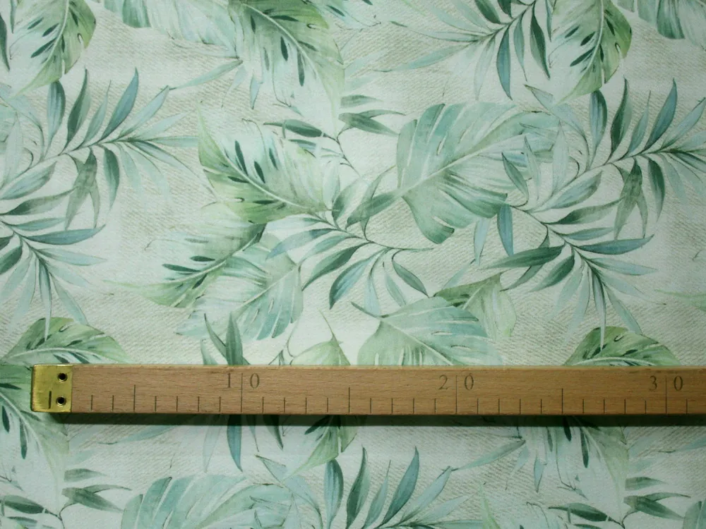 Satén bavlnený matný béžovo-zelená "listy" 