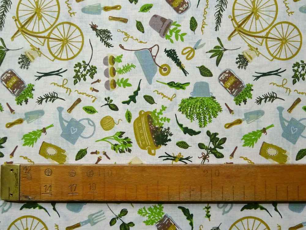 Bavlna svetlobéžová "bicykel, bylinky"