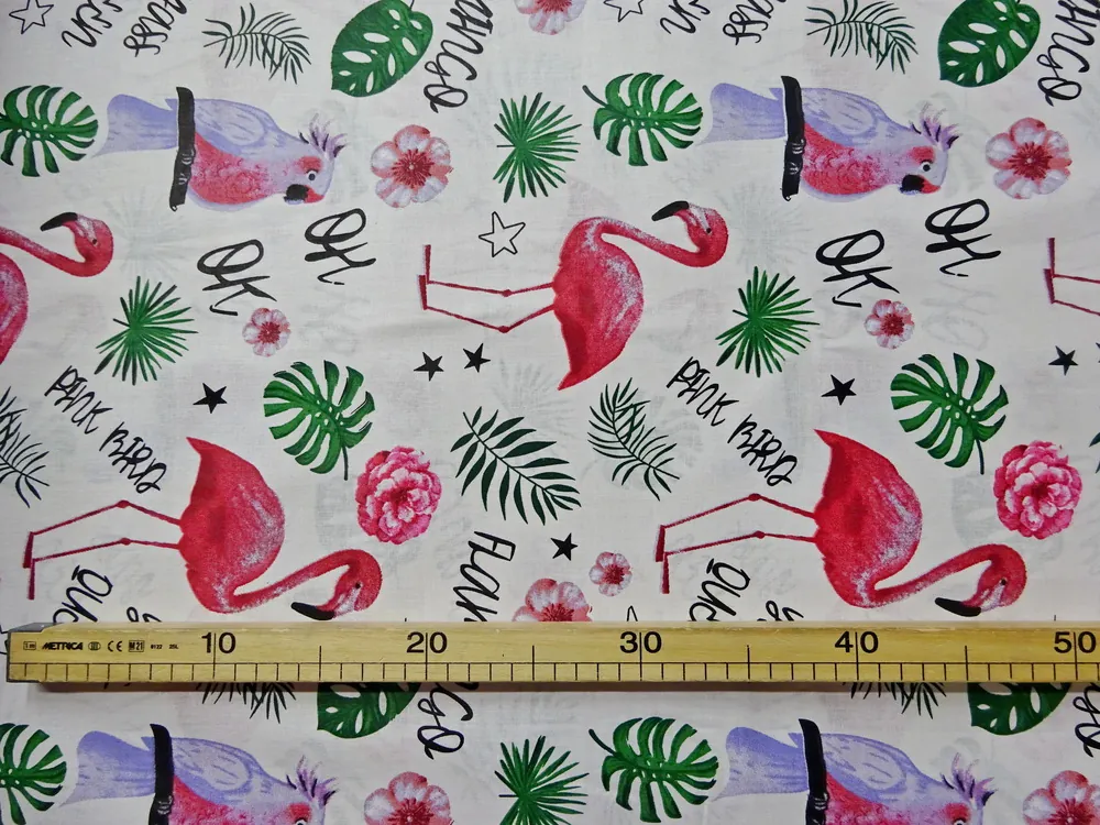 Bavlna biela "plameniak, papagáj" 