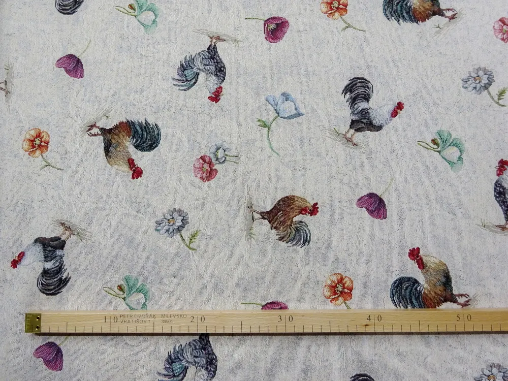 Gobelín béžovo-modrý "kohútik, kvety" 