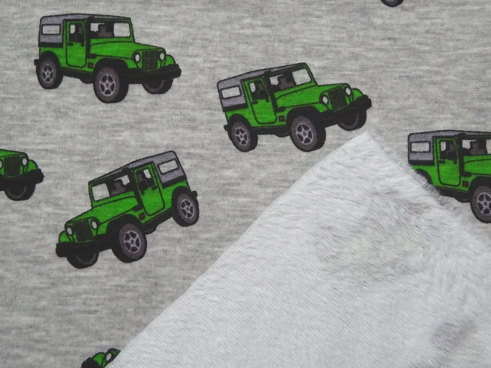 Teplákovina sivý melír "zelené auto" - zateplená