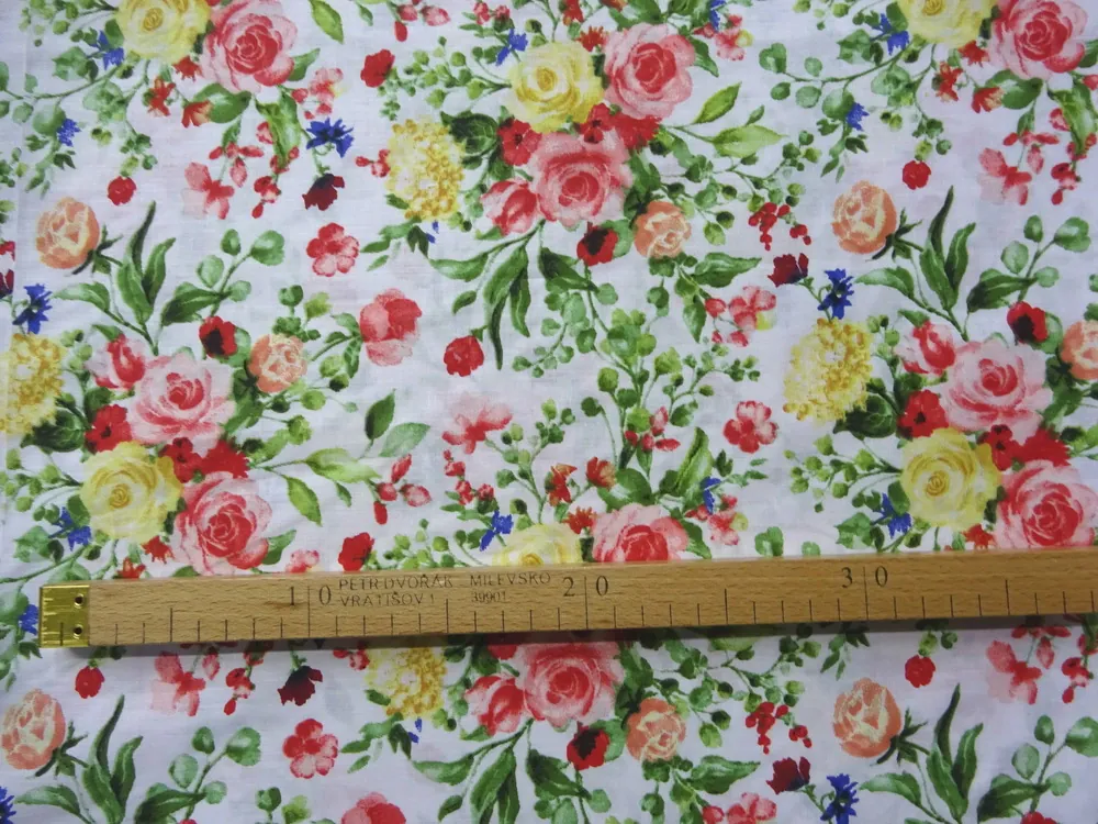 Bavlna biela "žlto-červená kytica kvetov" 
