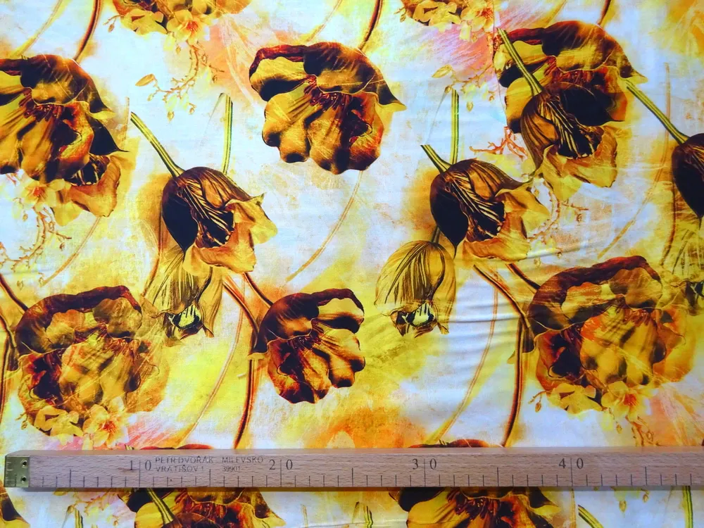 Šatovka s hodvábom a bavlnou žlto-pomarančová "kvety" 