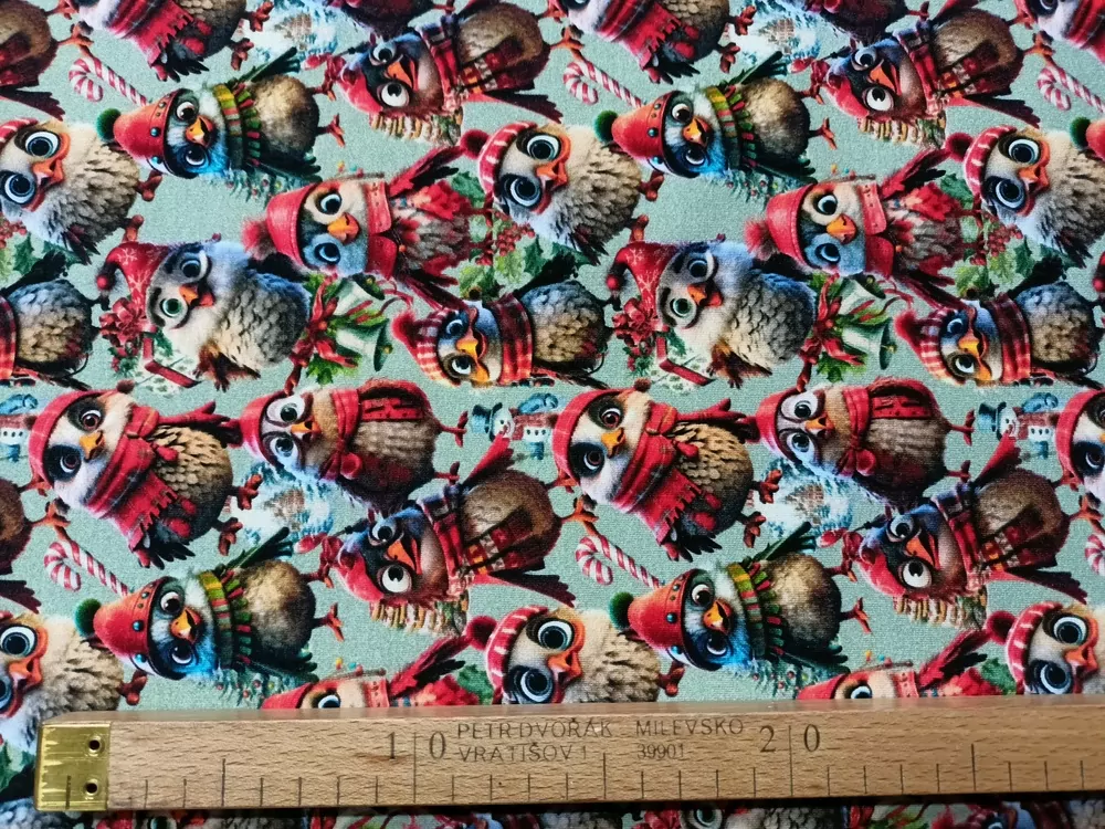 Teplákovina šedo-zelená "vianoční vtáčikovia, stromčeky"