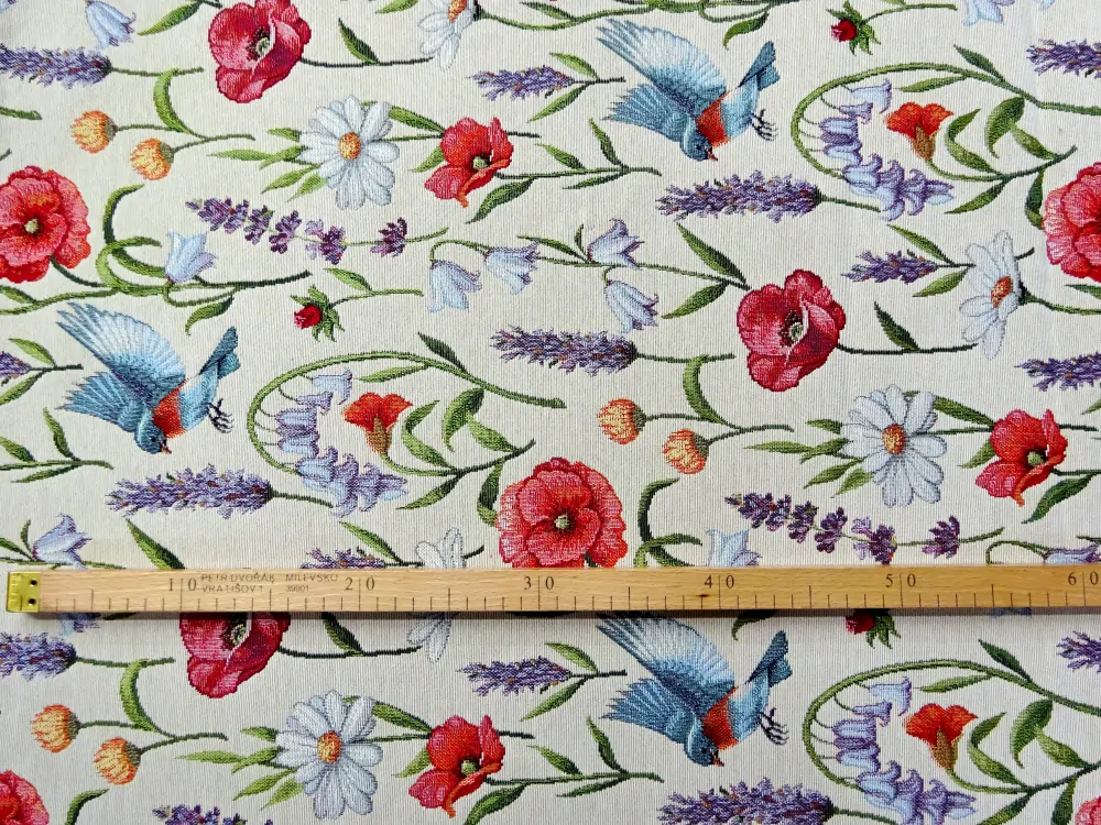 Gobelín prírodný "kvety, vtáčik" 