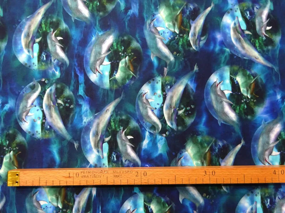 Bavlna zeleno-modrá "delfín" - Amerika 