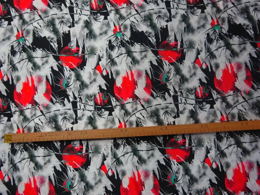 Satén Silky s hodvábom čierny "bielo-červený vzor" 