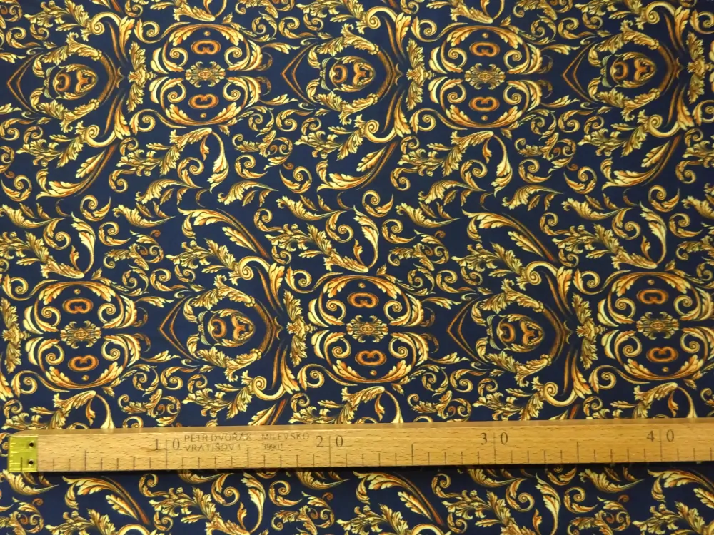 Hodváb tmavomodrý "žlto-hnedý vzor" - talianska kolekcia 