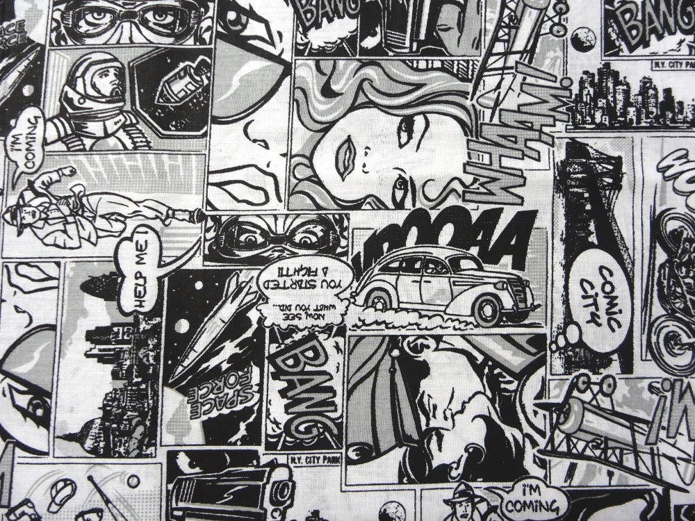 Bavlna biela "čierny komiks" 