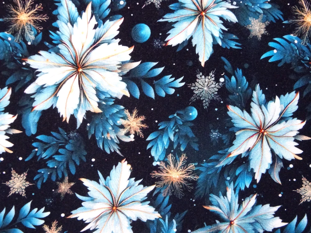 Teplákovina čierna "modré kvety, listy" - digitálna tlač  
