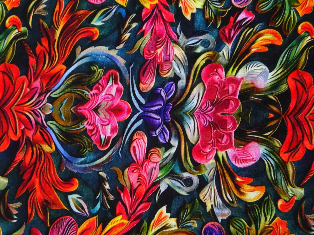 Teplákovina modro-smaragdová "kvety" - digitálna tlač 