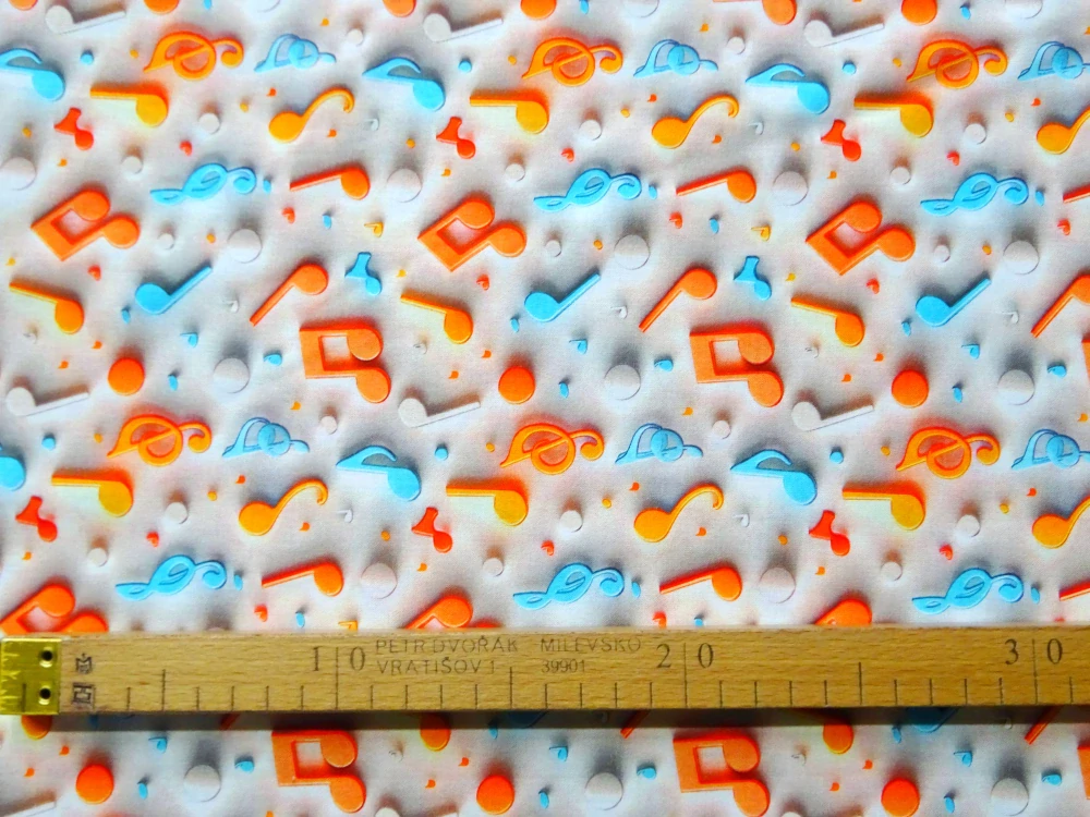 Bavlna maslovo-sivá "noty" - 3D 