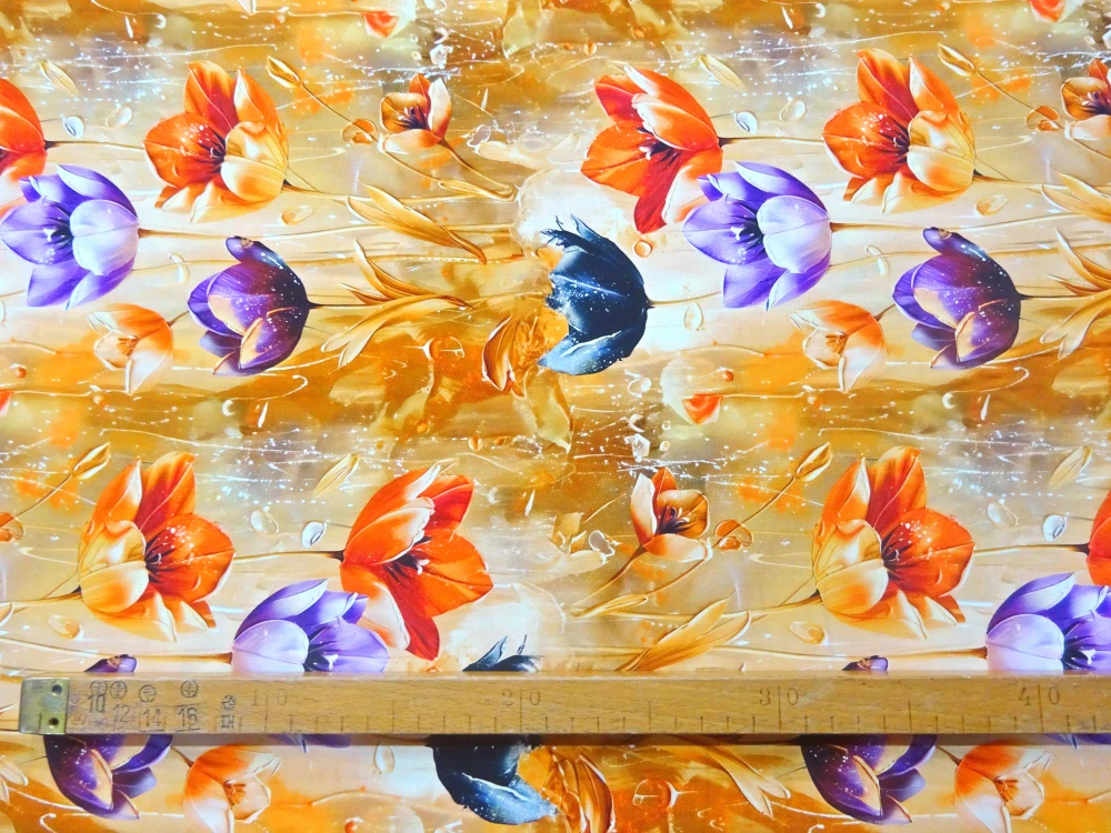 Šatovka s viskózou pomarančová "kvety" 