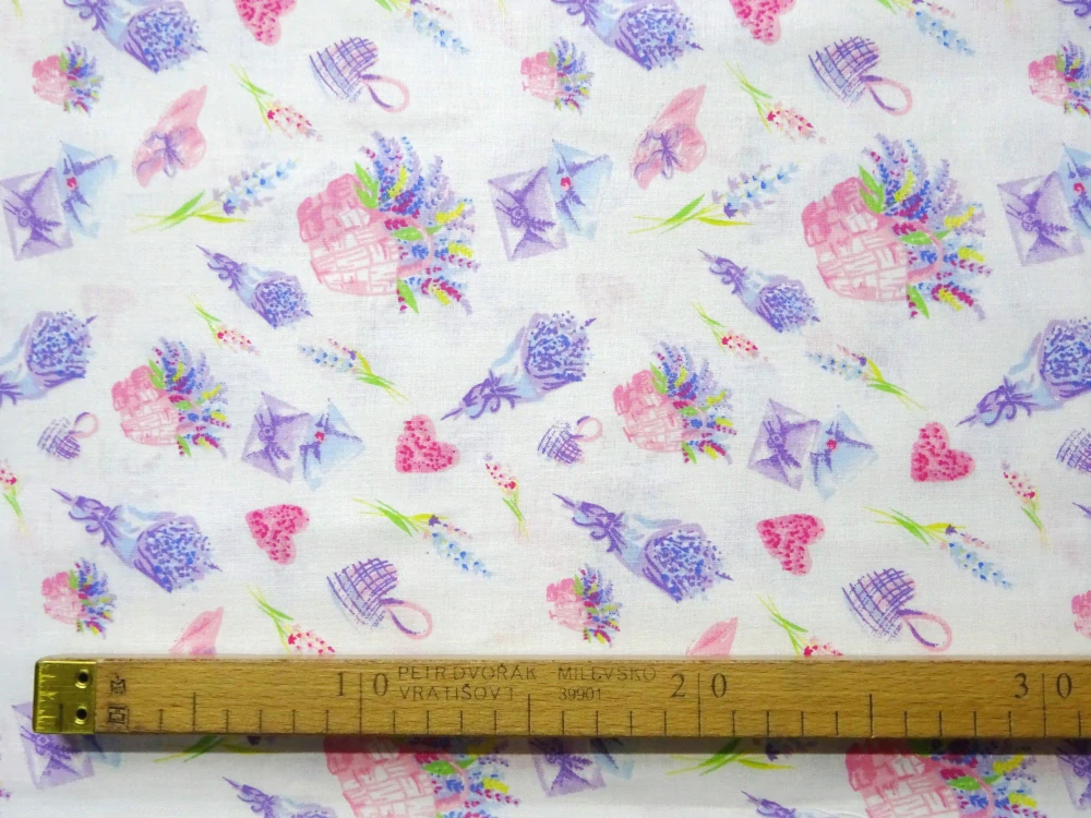 Bavlna biela "levanduľa, srdiečko" 