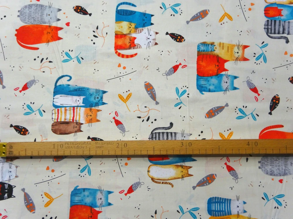 Bavlna maslová "mačičky, ryby, srdiečka"