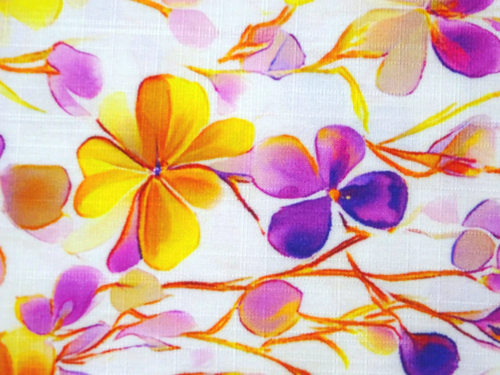 Šatovka prírodná biela "žlté a ružovo-fialové kvety" 