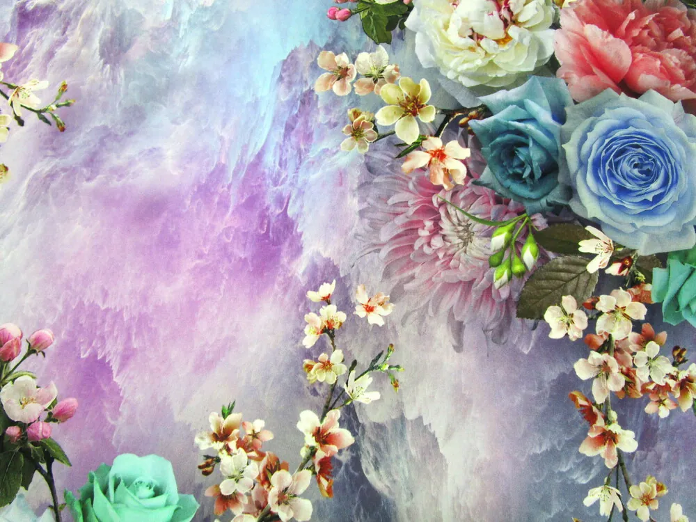 Hodváb tyrkysovo-fialový "kvety" 