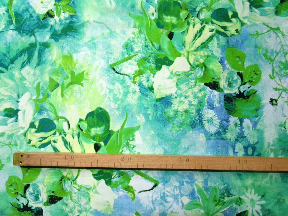 Satén bavlnený modro-zelený "kvety"