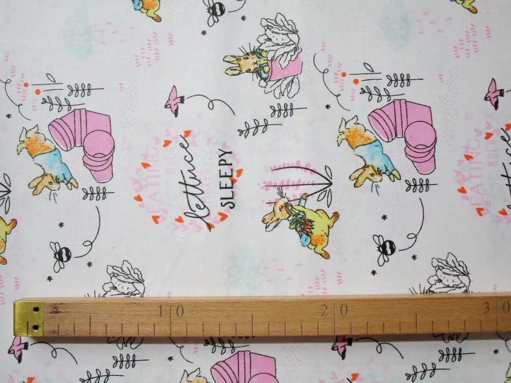 Bavlna biela "zajko v kabátiku, ružový črepník"