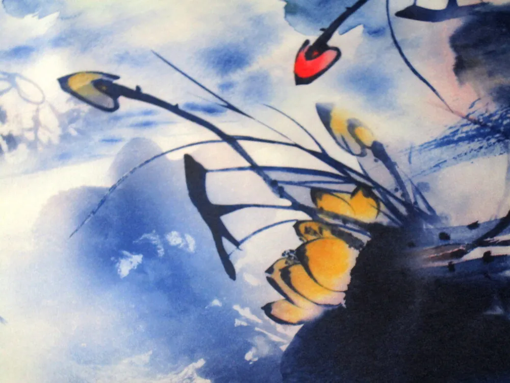 Satén polomat modrý "kvety, vážky"