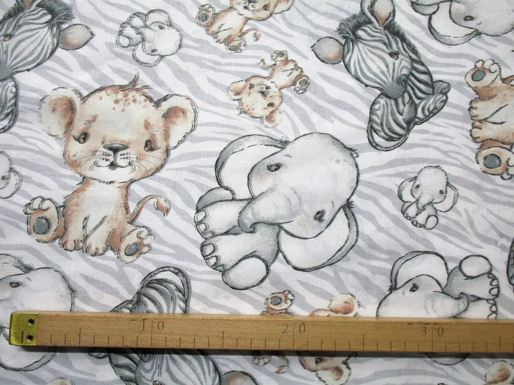 Bavlna bielo-sivá "sloník, zebra, levík"