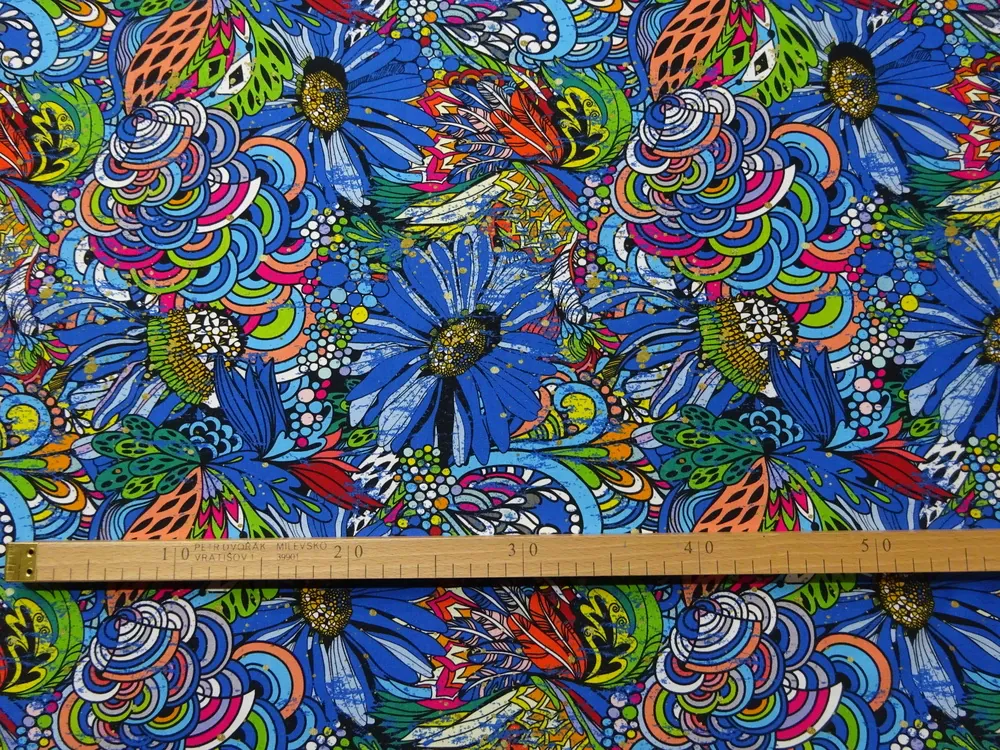 Teplákovina modrá "kvety" 