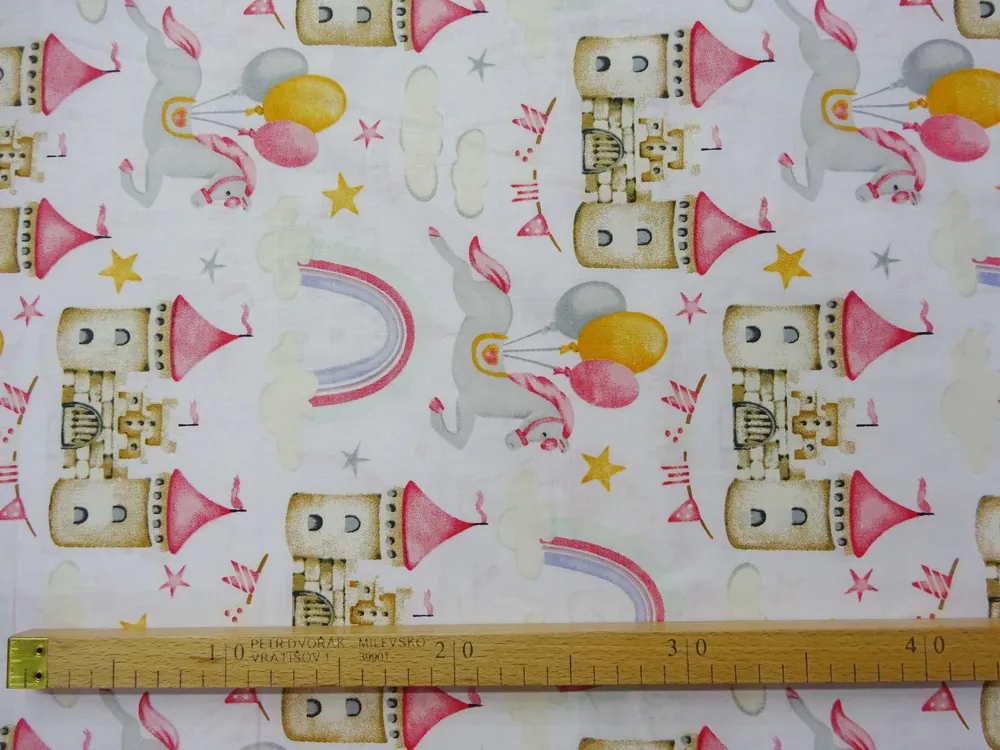 Bavlna biela "koník, zámok, oblaky" 