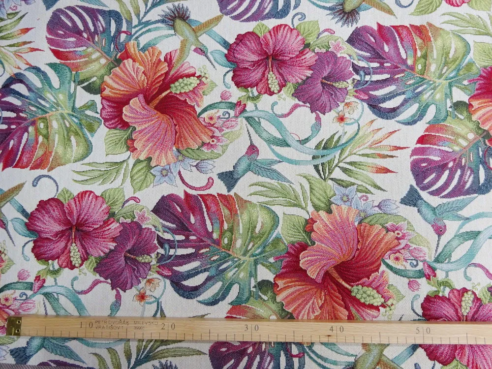 Gobelín prírodný "kvety, listy, vtáčik" 