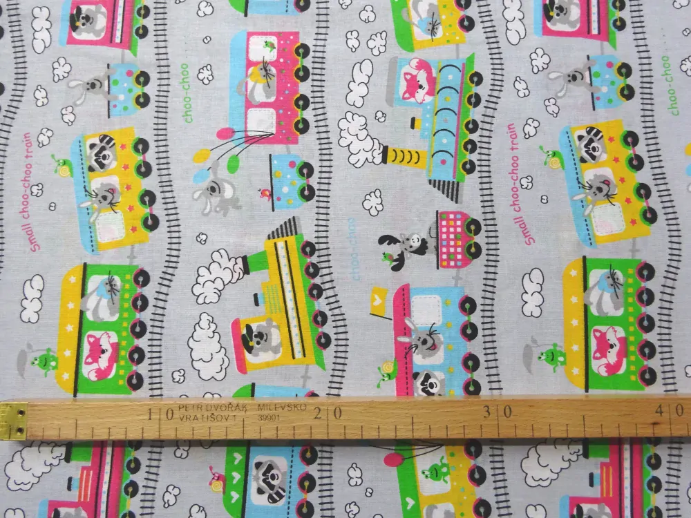 Bavlna sivá "vláčik so zvieratkami" 