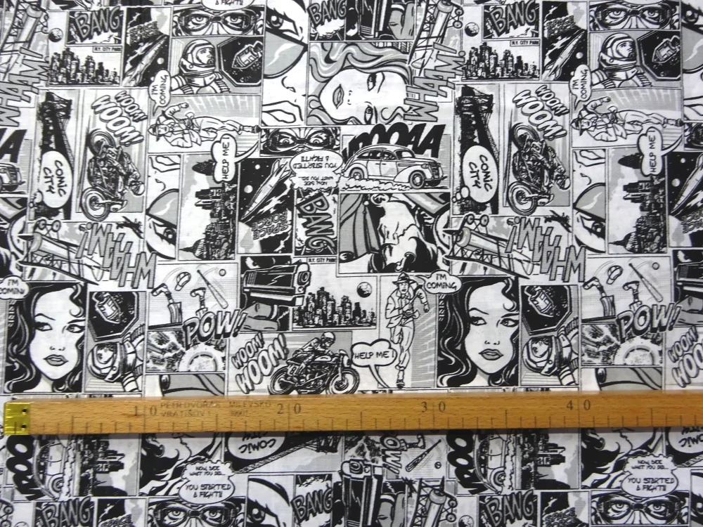 Bavlna biela "čierny komiks" 